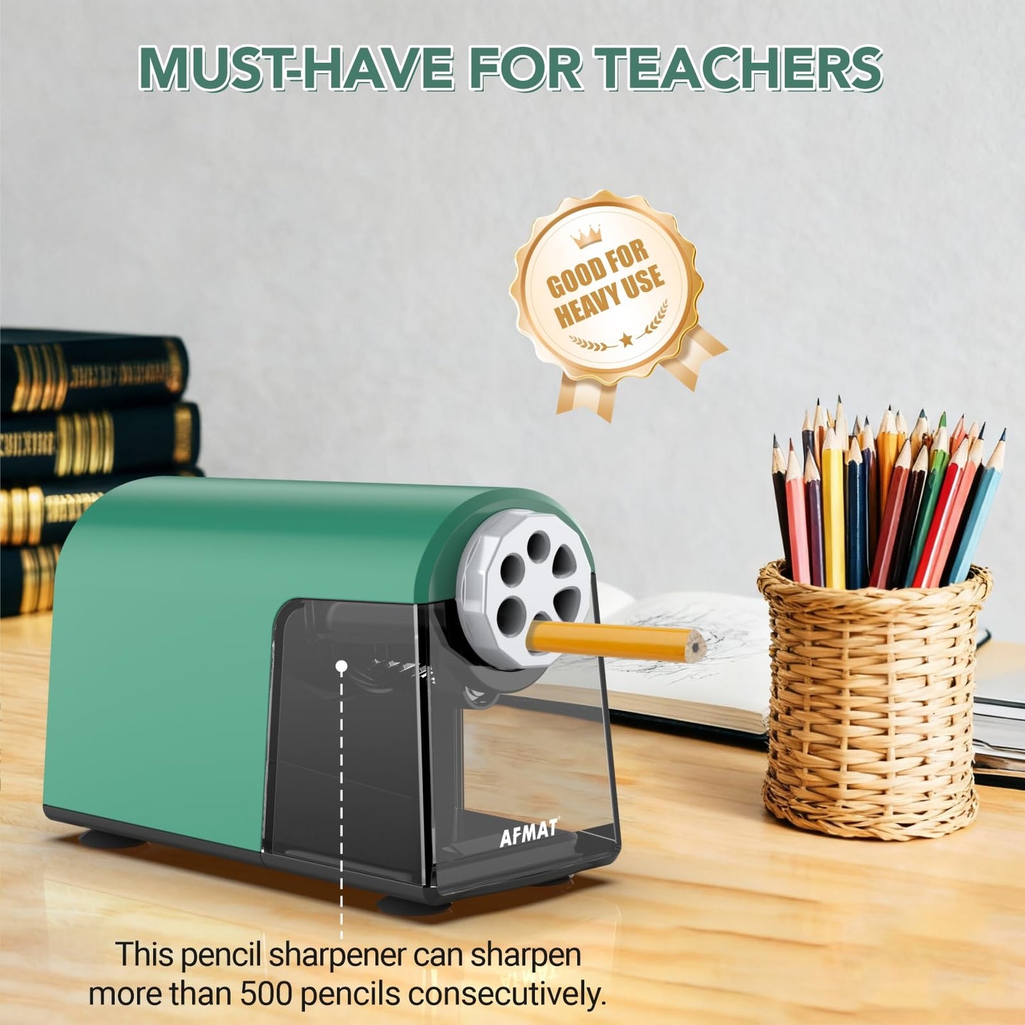 AFMAT 6-Hole Electric Pencil Sharpener Heavy Duty, Fast Sharpen, Auto Stop & Save Pencils, 10000 Sharpening Times, Rechargeable Classroom Pencil Sharpener for 6-11mm No.2/Large/Colored Pencils,Model:PSD2(Black)