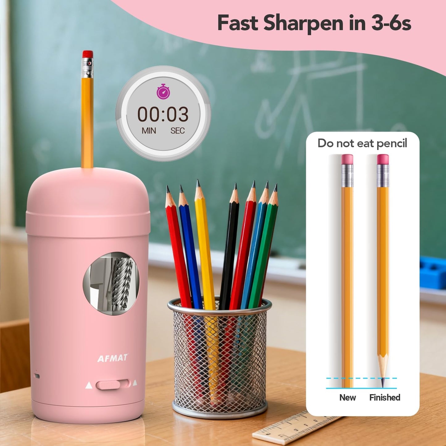 AFMAT PSX7 Electric Pencil Sharpener, Fully Automatic Pencil Sharpener for 7-8mm Pencils & Colored Pencils, Auto in & Out, Rechargeable Vertical Hands-Free Sharpeners for Classroom/Home/Office (Black)