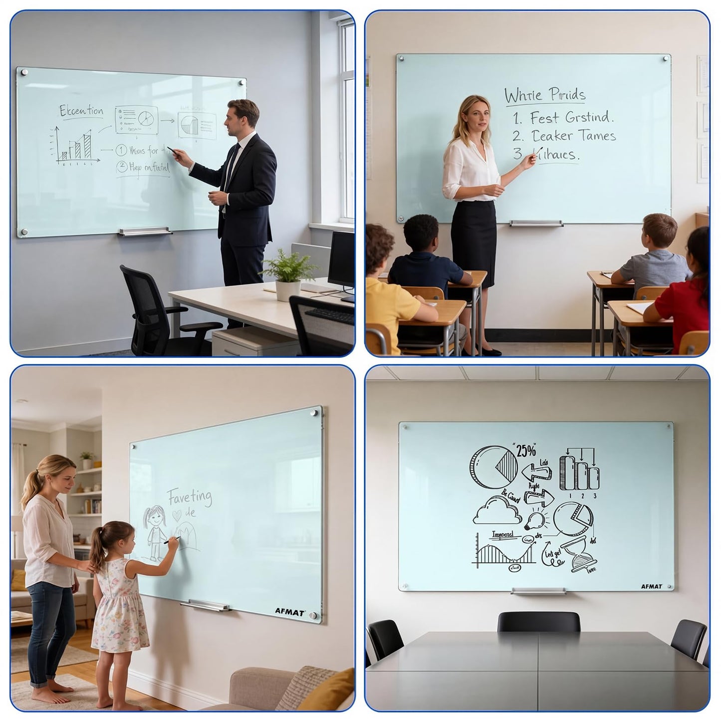 AFAMT Magnetic Dry Erase Board, 40" x 60" Glass Whiteboard, 4mm Tempered Glass, Strong Magnetic Surface, No Ghosting, Large Frameless Mounted Glass White Board for Office, Home, School,GB04WH2