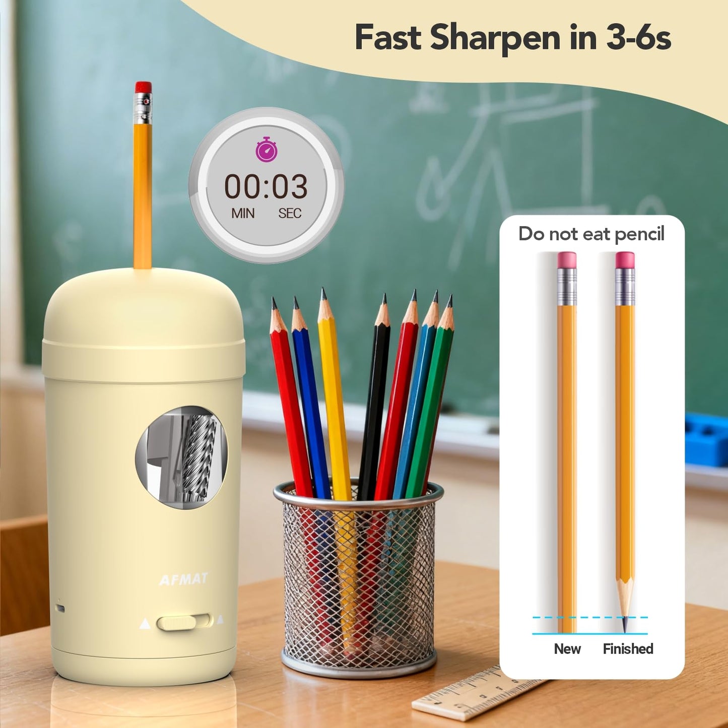 AFMAT PSX7 Electric Pencil Sharpener, Fully Automatic Pencil Sharpener for 7-8mm Pencils & Colored Pencils, Auto in & Out, Rechargeable Vertical Hands-Free Sharpeners for Classroom/Home/Office (Black)