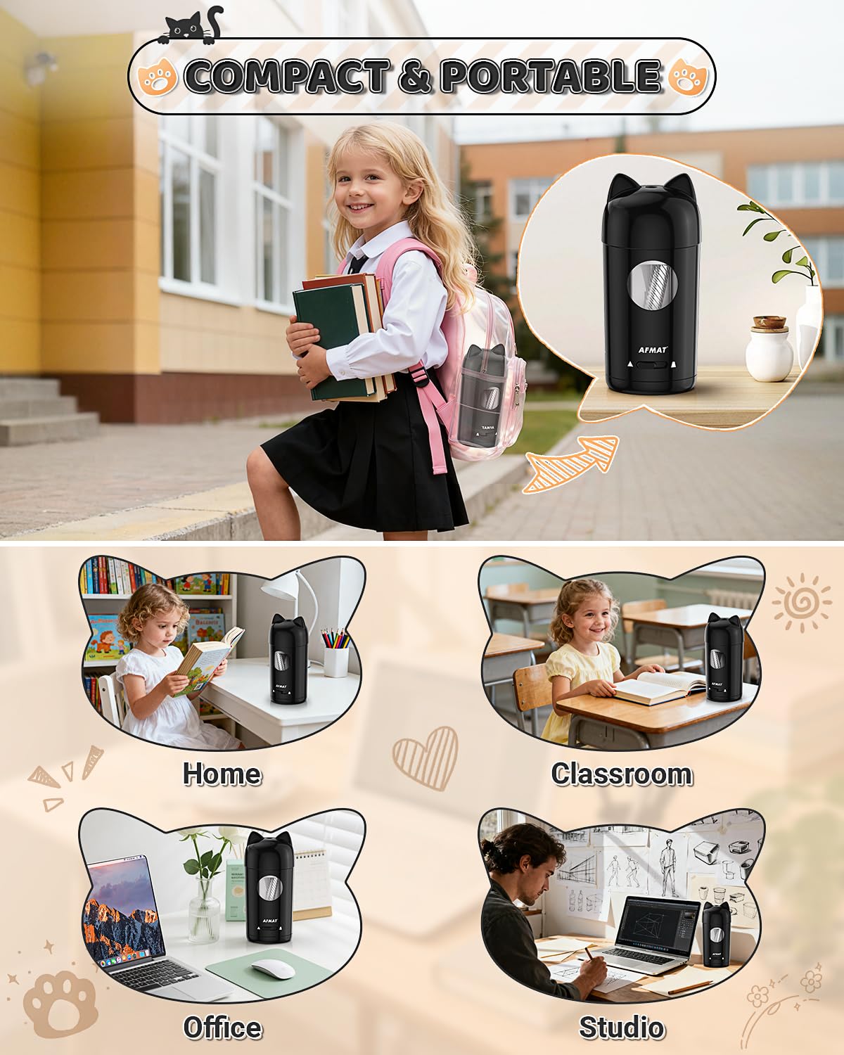 AFMAT PSX9 Cute Cat Electric Fully Automatic Pencil Sharpener for Kids,PSX9GD