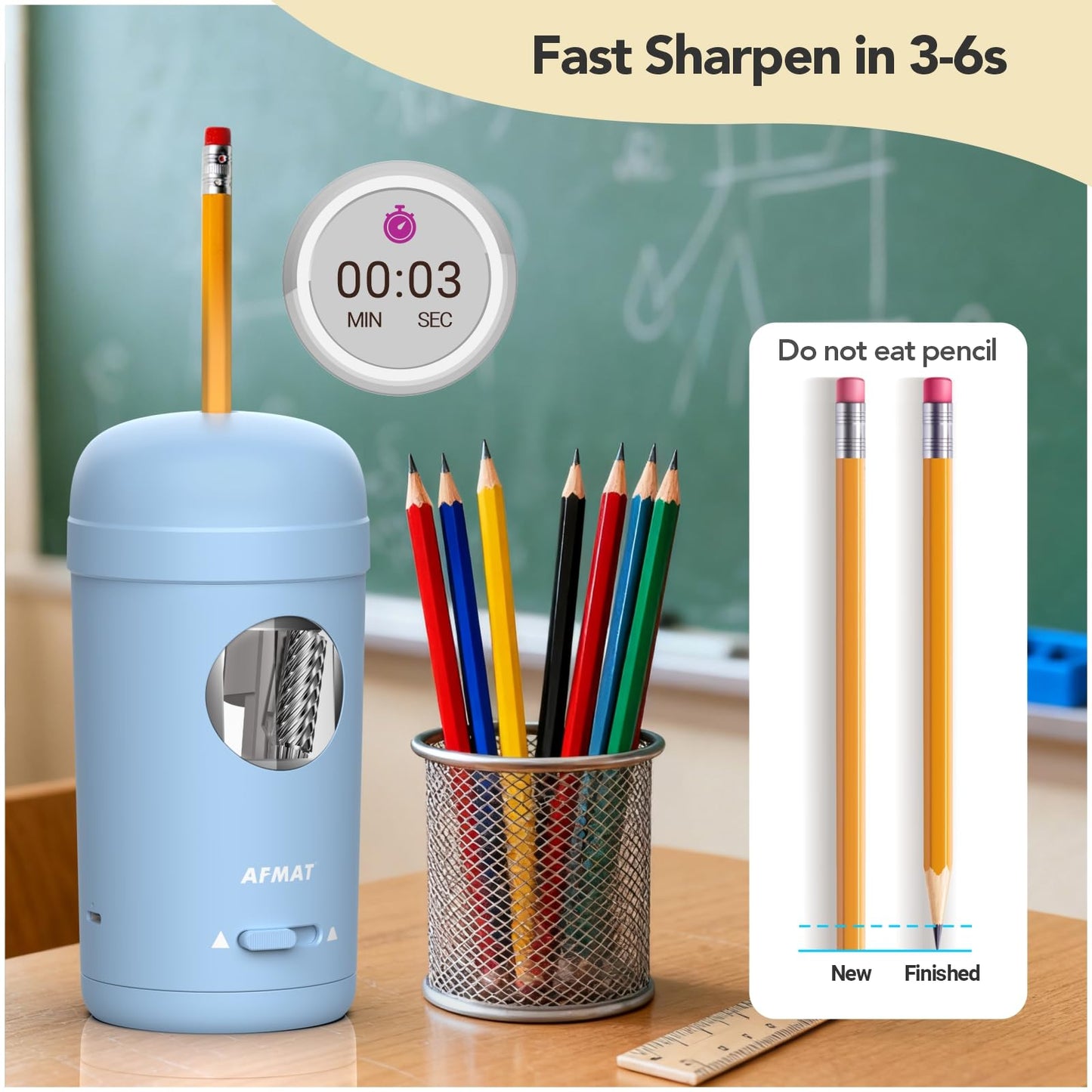 AFMAT PSX7 Electric Pencil Sharpener, Fully Automatic Pencil Sharpener for 7-8mm Pencils & Colored Pencils, Auto in & Out, Rechargeable Vertical Hands-Free Sharpeners for Classroom/Home/Office (Black)