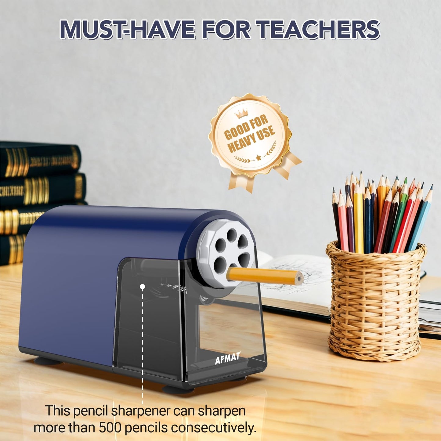 AFMAT PSD2 Rechargeable Super Durable 6-Hole Electric Pencil Sharpener Heavy Duty for 6-11mm Pencils, Upgraded Durable Blades 10,000+ Sharpenings,Auto Stop Super Fast,PSD2RD