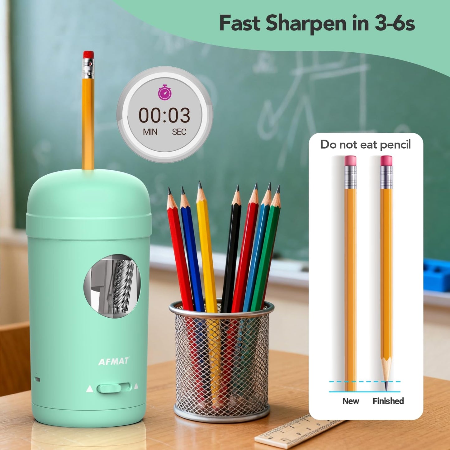 AFMAT PSX7 Electric Pencil Sharpener, Fully Automatic Pencil Sharpener for 7-8mm Pencils & Colored Pencils, Auto in & Out, Rechargeable Vertical Hands-Free Sharpeners for Classroom/Home/Office (Black)