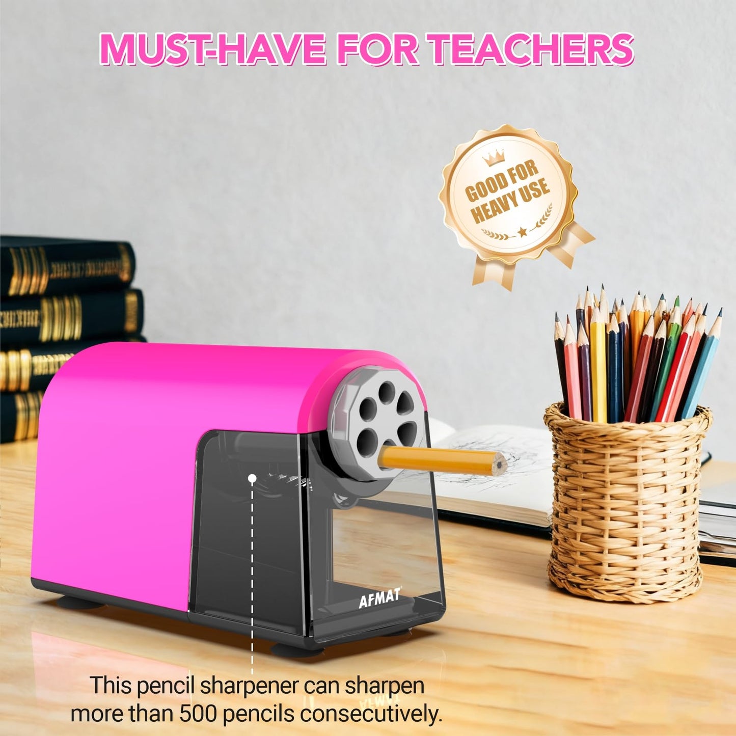AFMAT PSD2 Rechargeable Super Durable 6-Hole Electric Pencil Sharpener Heavy Duty for 6-11mm Pencils, Upgraded Durable Blades 10,000+ Sharpenings,Auto Stop Super Fast,PSD2BK