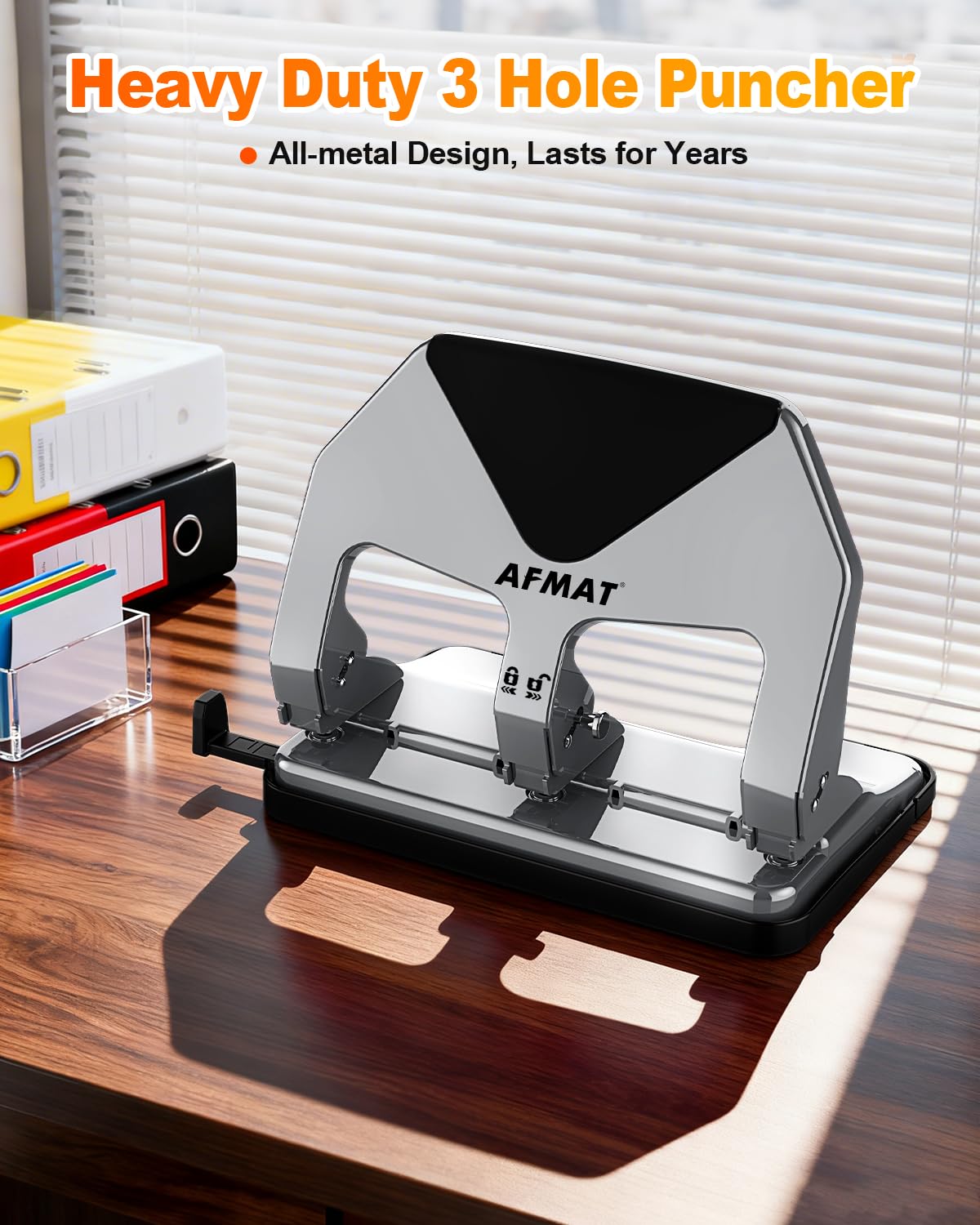 AFMAT HP20 Heavy Duty 3 Hole Punch, 60% Reduced Effort, 50-Sheet 3 Hole Puncher for Binder, 10,000+ Uses, Metal Three Hole Punch for Home Office School, w/Large Chip Tray, Paper Guide(Black)