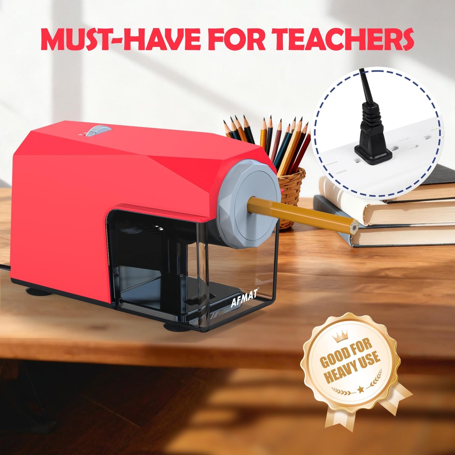 AFMAT Newly Upgraded PSC4 6.5-10.5mm Super Durable Heavy Duty Fully Automatic Pencil Sharpener, 3X Longer Cutter Life,Auto in & Out, 5 Sharpness Modes, Hands-Free Sharpeners for No.2/Jumbo/Colored Pencils (φ6.5-10.5mm),PSC4BL
