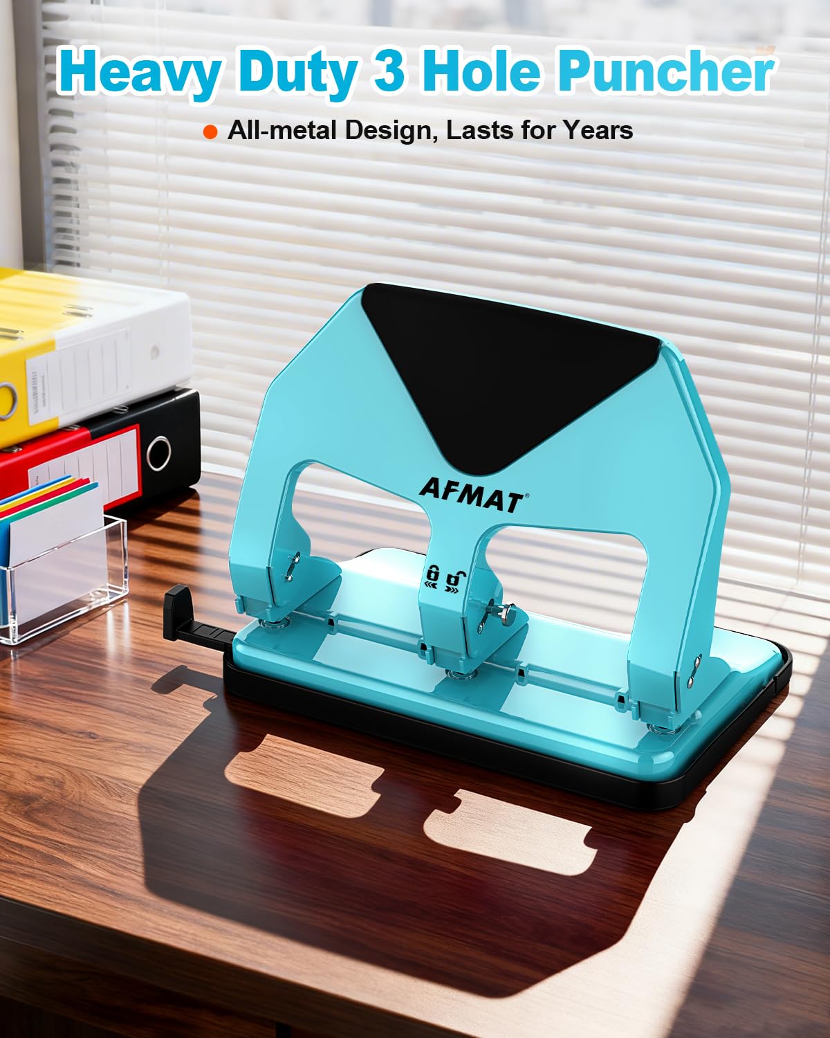 AFMAT HP20 Heavy Duty 3 Hole Punch, 60% Reduced Effort, 50-Sheet 3 Hole Puncher for Binder, 10,000+ Uses, Metal Three Hole Punch for Home Office School, w/Large Chip Tray, Paper Guide(Black)