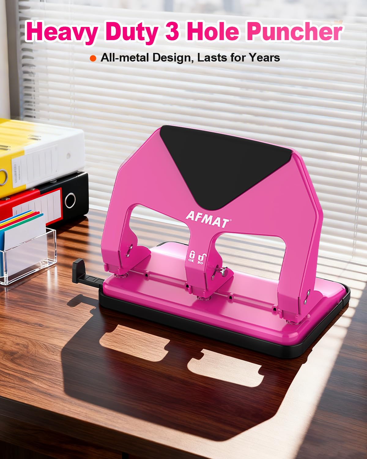 AFMAT HP20 Heavy Duty 3 Hole Punch, 60% Reduced Effort, 50-Sheet 3 Hole Puncher for Binder, 10,000+ Uses, Metal Three Hole Punch for Home Office School, w/Large Chip Tray, Paper Guide(Black)
