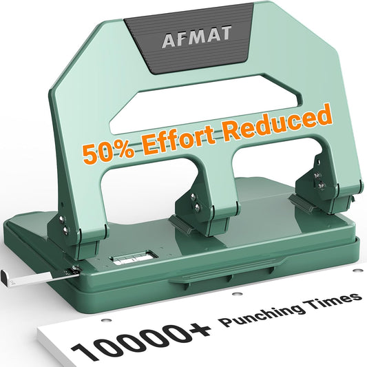 AFMAT HPX2 3 Hole Puncher Heavy Duty, 40-Sheet Heavy Duty Three Hole Punch, 50% Reduced Effort Paper Punch, 10000+ Punching Times,Green