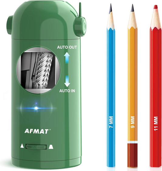 AFMAT PSX5 Fully Automatic Electric Pencil Sharpener,AFMAT Electric Robot Pencil Sharpener for Colored Pencils 7-11.5mm,Green
