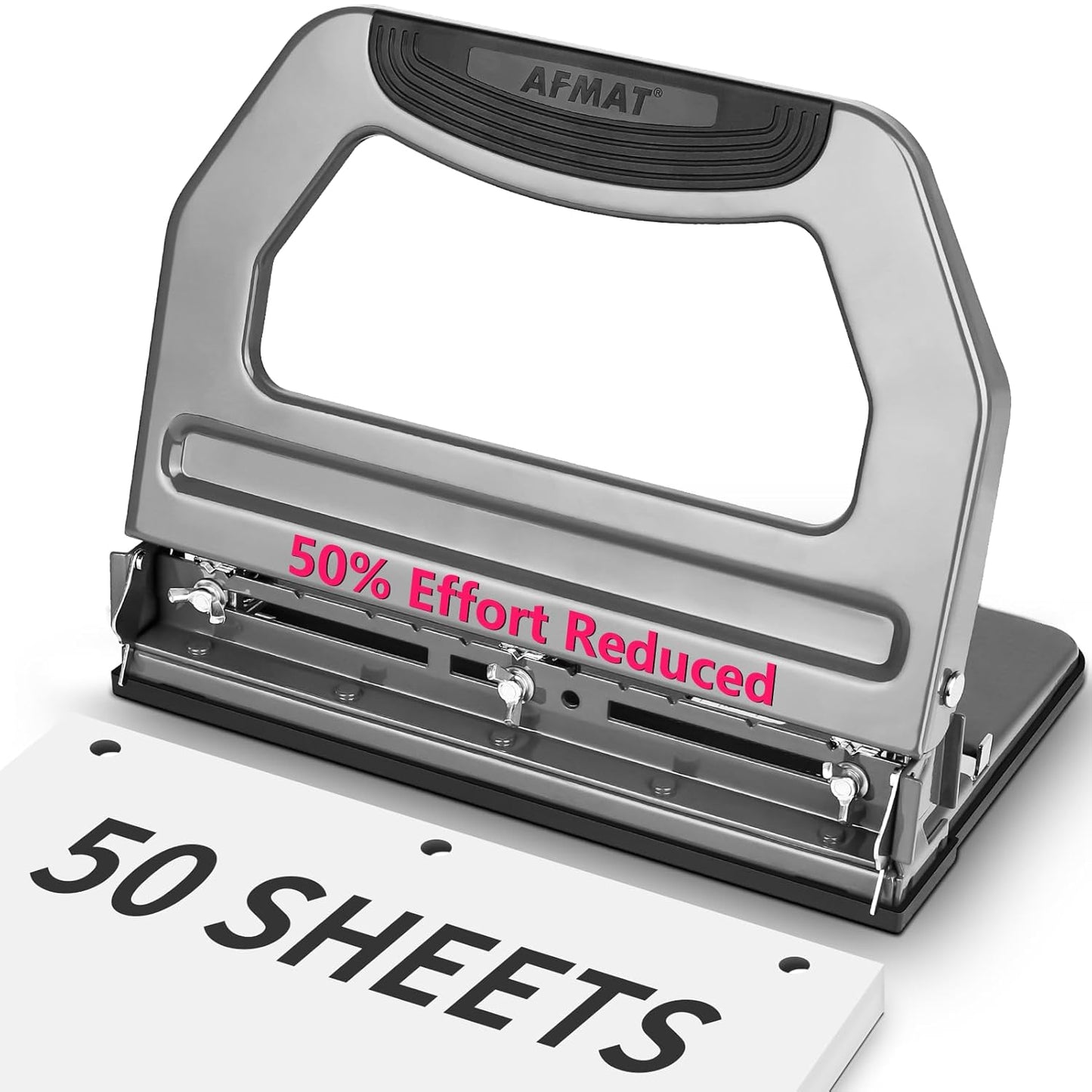 AFMAT HP18 Heavy Duty 3 Hole Punch, 50-Sheet, 50% Reduced Effort, Adjustable Two & Three Hole Punch,Black
