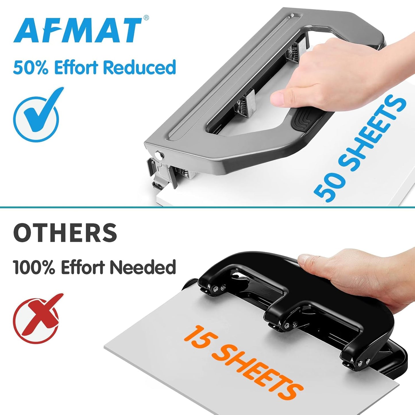 AFMAT HP18 Heavy Duty 3 Hole Punch, 50-Sheet, 50% Reduced Effort, Adjustable Two & Three Hole Punch,Black