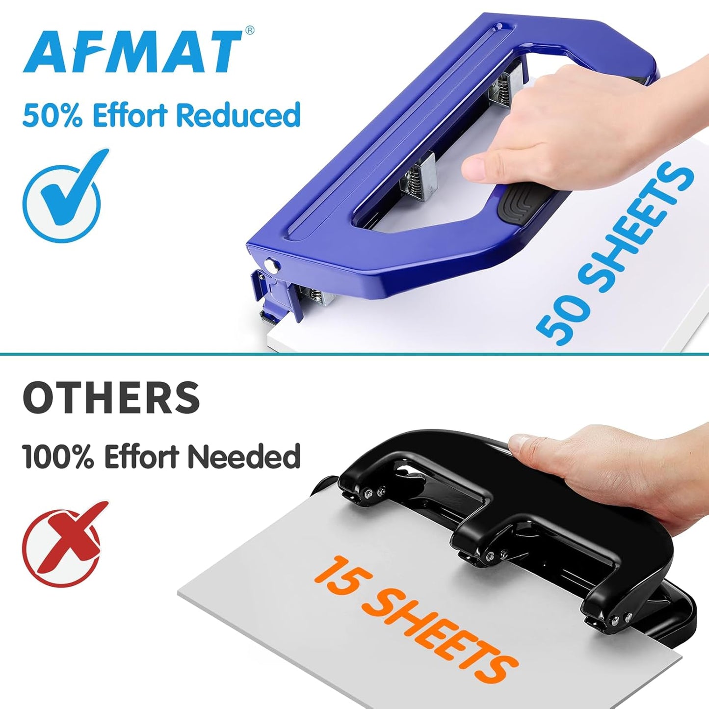 AFMAT HP18 Heavy Duty 3 Hole Punch, 50-Sheet, 50% Reduced Effort, Adjustable Two & Three Hole Punch,Black