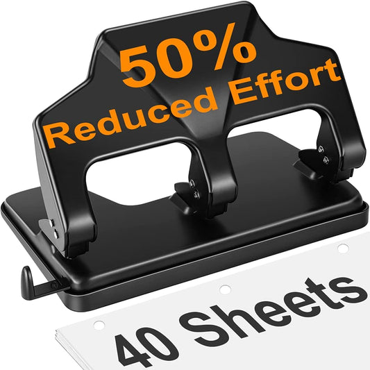 AFMAT HP14 3 Hole Punch Heavy Duty, 40-Sheet Three Hole Punch, 50% Reduced Effort Metal Paper Puncher w/Large Chip Tray,Black