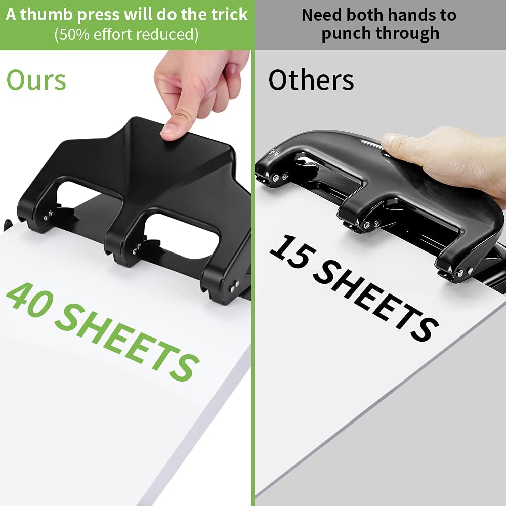 Disponible en España:AFMAT HP14 Perforadora, perforadora de 3 agujeros, A4, A5, A6, estable y fuerte para 40 hojas grandes, perforadora de 50 % menos esfuerzo, perforadora de papel de metal para oficina, escuela y hogar,Negro