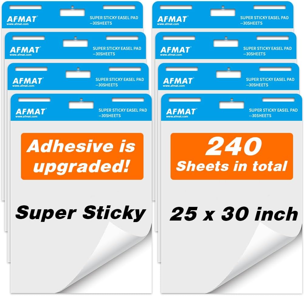 AFMAT Sticky Easel Pads, Chart Paper for Teachers, 8 Pads, Upgraded Large Flip Chart Paper with Sticky Back, Self Stick Easel Paper for Walls, Windows, White Board, 25 x 30 Inches, 30 Sheets/Pad