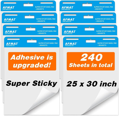 AFMAT Sticky Easel Pads, Chart Paper for Teachers, 8 Pads, Upgraded Large Flip Chart Paper with Sticky Back, Self Stick Easel Paper for Walls, Windows, White Board, 25 x 30 Inches, 30 Sheets/Pad