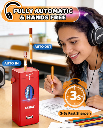 AFMAT PSC7 Electric Fully Automatic Pencil Sharpener,2X Longer Cutter Life,for 6-12mm No.2/Jumbo Pencils, Auto in & Out, 5 Sharpness Modes, Rechargeable Heavy Duty Sharpeners for Classroom Home Office PSC7BK