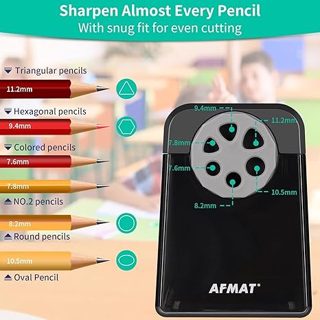 AFMAT Electric Pencil Sharpener for Colored Pencils, Auto Stop, Fast Sharpen in 3S, Large Hole Pencil Sharpener Plug in for 6-12mm No.2/Jumbo