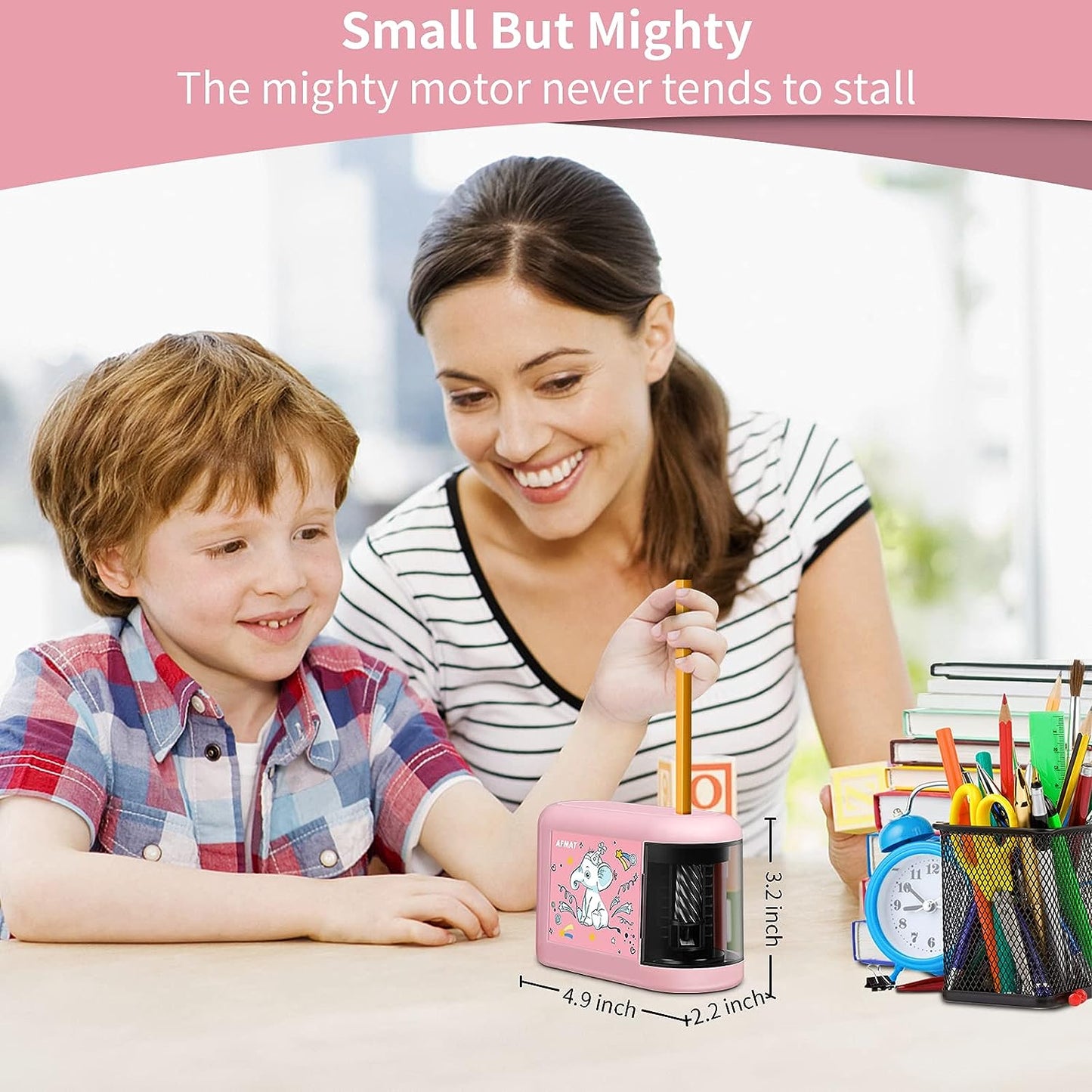 AFMAT Electric Pencil Sharpener for Kids, Cute Pink Pencil Sharpener (Elephant Pattern), Cordless Pencil Sharpener for 8mm Pencils, Battery Operated Electric Pencil Sharpener-PSB3