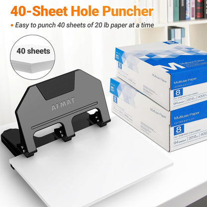 AFMAT 3 Hole Punch Heavy Duty, 40-Sheet 3 Hole Puncher for Binder, Metal Three Hole Punch w/ 10000+ Punching Times