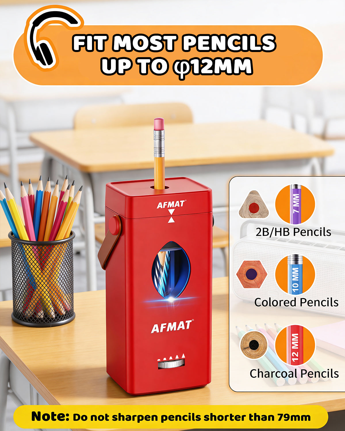 AFMAT PSC7 Electric Fully Automatic Pencil Sharpener,2X Longer Cutter Life,for 6-12mm No.2/Jumbo Pencils, Auto in & Out, 5 Sharpness Modes, Rechargeable Heavy Duty Sharpeners for Classroom Home Office PSC7BK