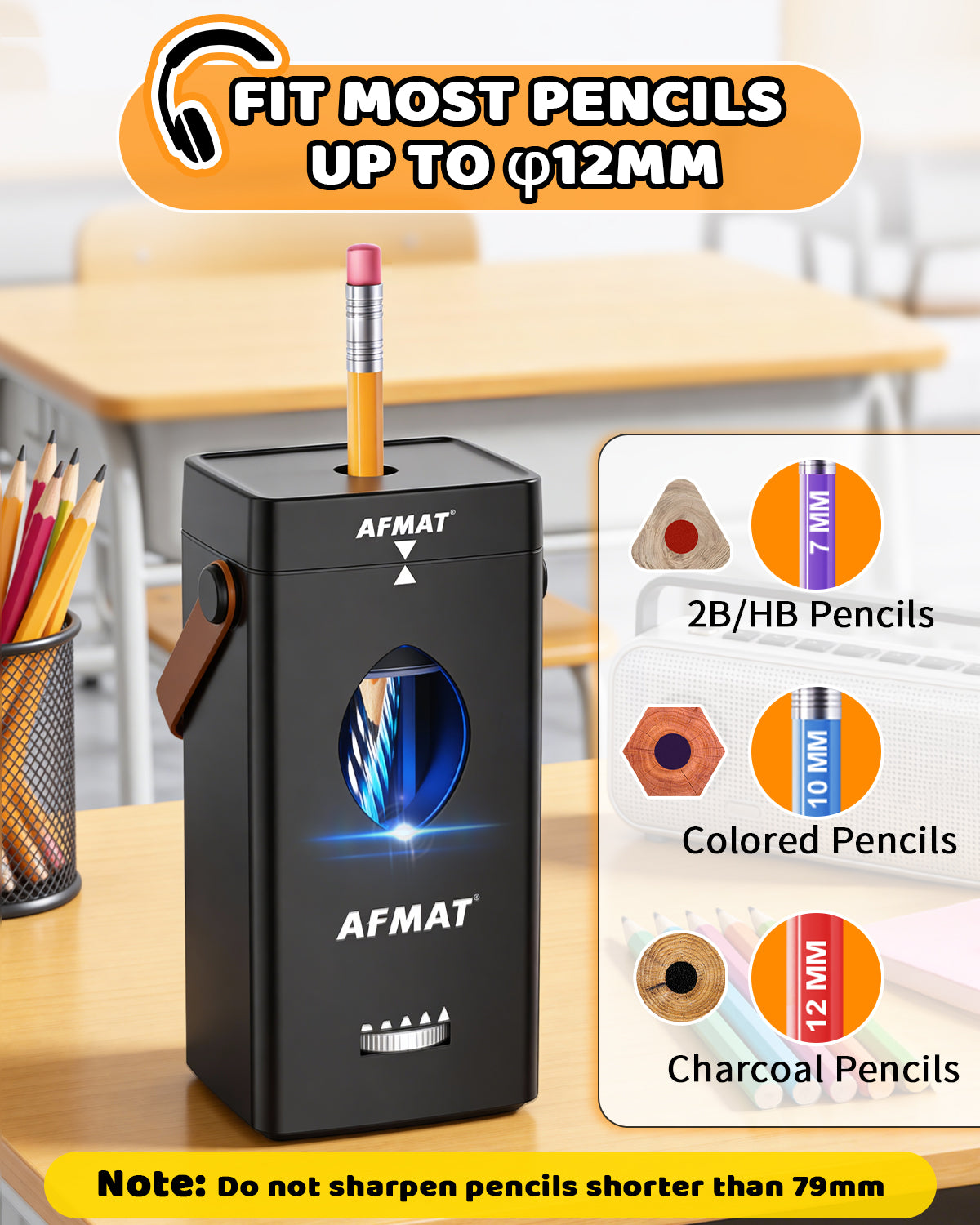AFMAT PSC7 Electric Fully Automatic Pencil Sharpener,2X Longer Cutter Life,for 6-12mm No.2/Jumbo Pencils, Auto in & Out, 5 Sharpness Modes, Rechargeable Heavy Duty Sharpeners for Classroom Home Office PSC7BK