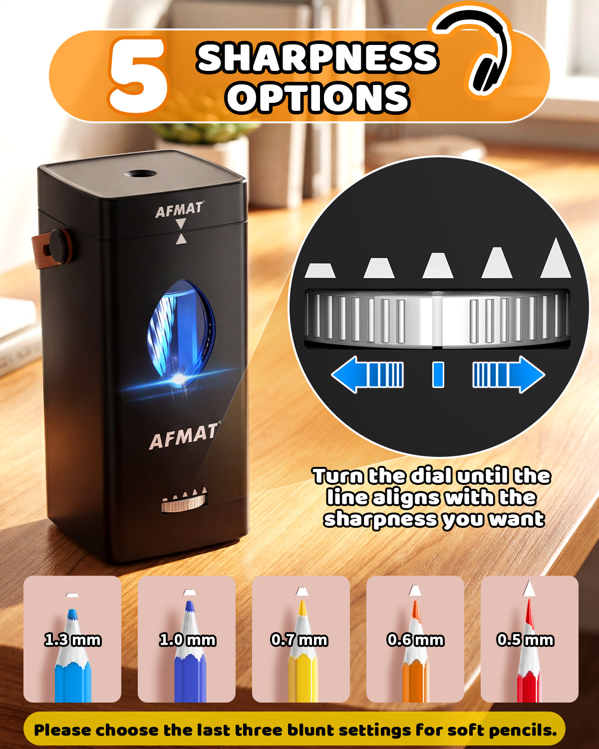 AFMAT PSC7 Electric Fully Automatic Pencil Sharpener,2X Longer Cutter Life,for 6-12mm No.2/Jumbo Pencils, Auto in & Out, 5 Sharpness Modes, Rechargeable Heavy Duty Sharpeners for Classroom Home Office PSC7BK