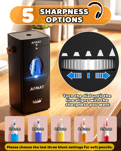 AFMAT PSC7 Electric Fully Automatic Pencil Sharpener,2X Longer Cutter Life,for 6-12mm No.2/Jumbo Pencils, Auto in & Out, 5 Sharpness Modes, Rechargeable Heavy Duty Sharpeners for Classroom Home Office PSC7BK