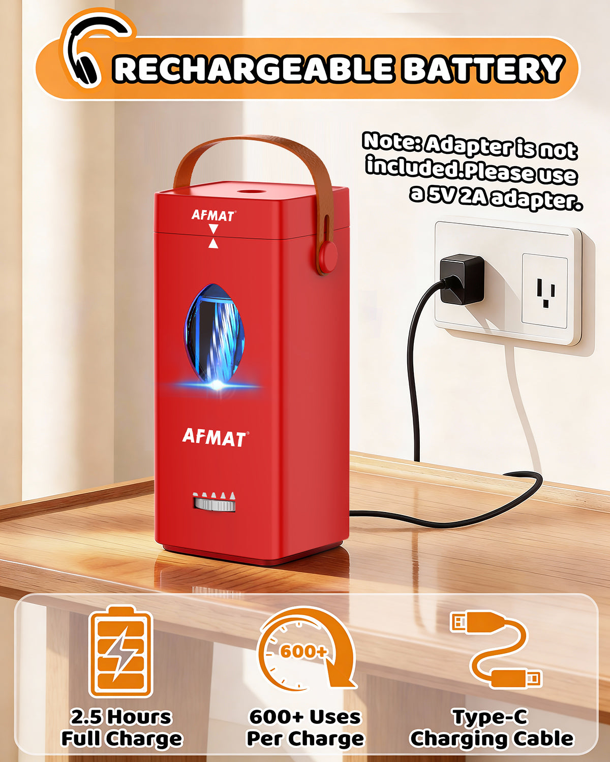 AFMAT PSC7 Electric Fully Automatic Pencil Sharpener,2X Longer Cutter Life,for 6-12mm No.2/Jumbo Pencils, Auto in & Out, 5 Sharpness Modes, Rechargeable Heavy Duty Sharpeners for Classroom Home Office PSC7BK