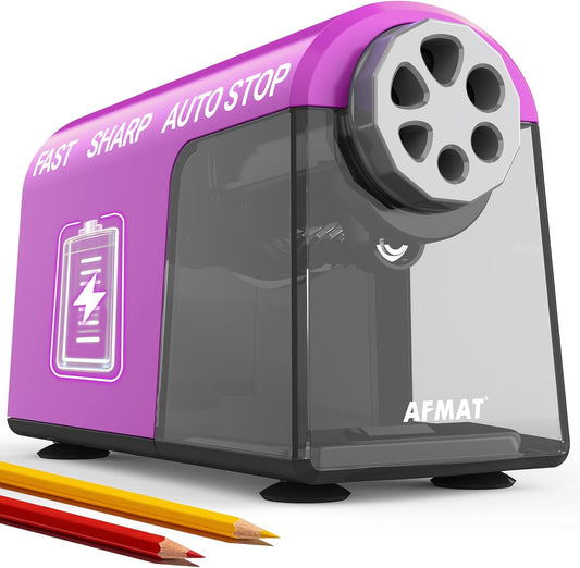 AFMAT PSD2 Rechargeable Super Durable 6-Hole Electric Pencil Sharpener Heavy Duty for 6-11mm Pencils, Upgraded Durable Blades 10,000+ Sharpenings,Auto Stop Super Fast,PSD2PK