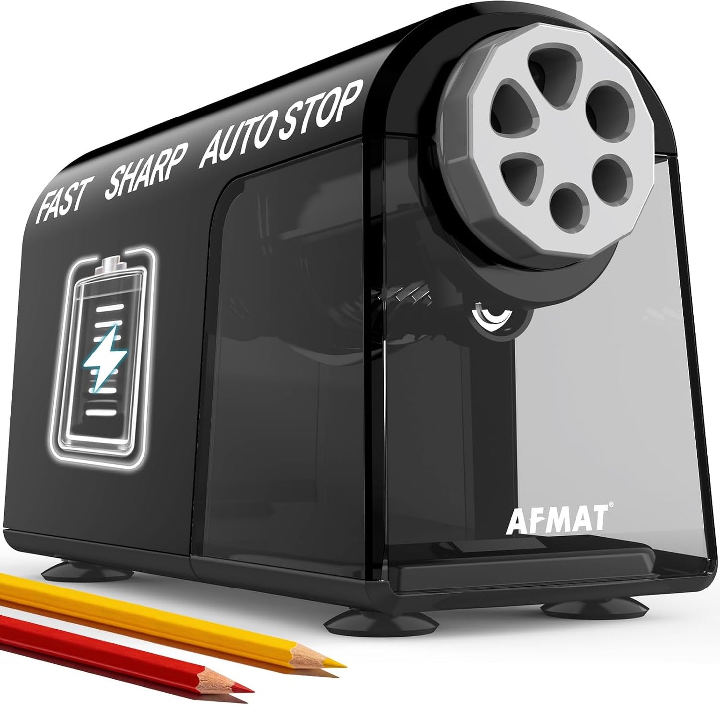 AFMAT PSD2 Rechargeable Super Durable 6-Hole Electric Pencil Sharpener Heavy Duty for 6-11mm Pencils, Upgraded Durable Blades 10,000+ Sharpenings,Auto Stop Super Fast,PSD2BK