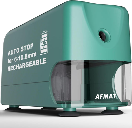 AFMAT PSD3 Electric Pencil Sharpener, Heavy Duty Classroom Pencil Sharpeners for 6-10.8mm Pencils, Auto Stop & Rechargeable, 2s Fast Sharpening, Battery Powered, 10,000 Sharpenings, Green