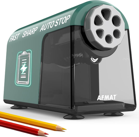 AFMAT PSD2 Rechargeable Super Durable 6-Hole Electric Pencil Sharpener Heavy Duty for 6-11mm Pencils, Upgraded Durable Blades 10,000+ Sharpenings,Auto Stop Super Fast,PSD2GN