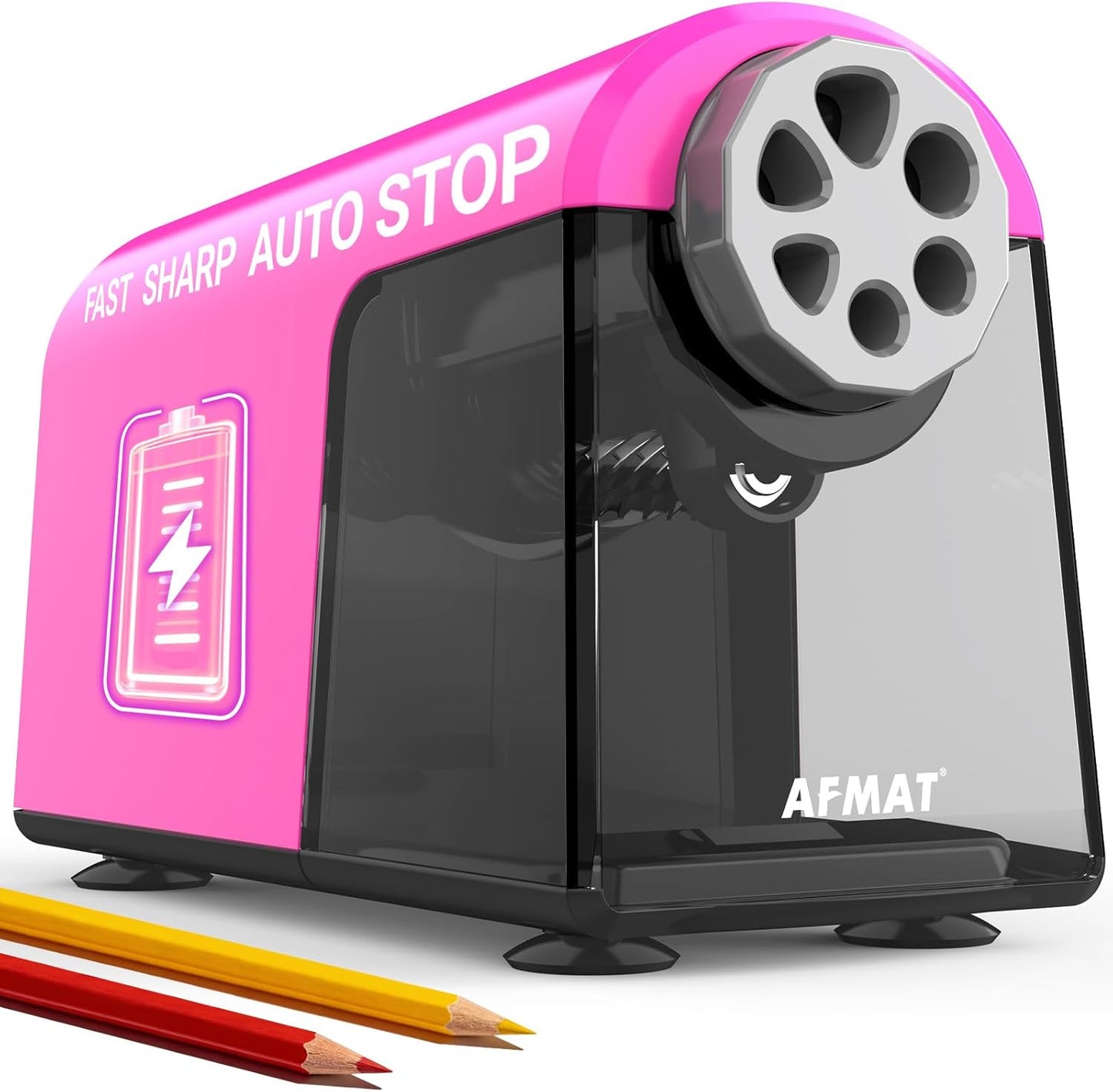 AFMAT PSD2 Rechargeable Super Durable 6-Hole Electric Pencil Sharpener Heavy Duty for 6-11mm Pencils, Upgraded Durable Blades 10,000+ Sharpenings,Auto Stop Super Fast,PSD2BK