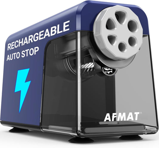 AFMAT PSD1 Super Durable Rechargeable 6-Hole Heavy Duty Electric Pencil Sharpener for 6-11mm Pencils, Upgraded Durable Blades 10,000+ Sharpenings,PSD1BL