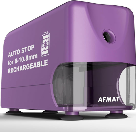 AFMAT PSD3 Electric Pencil Sharpener, Heavy Duty Classroom Pencil Sharpeners for 6-10.8mm Pencils, Auto Stop & Rechargeable, 2s Fast Sharpening, Battery Powered, 10,000 Sharpenings, Purple
