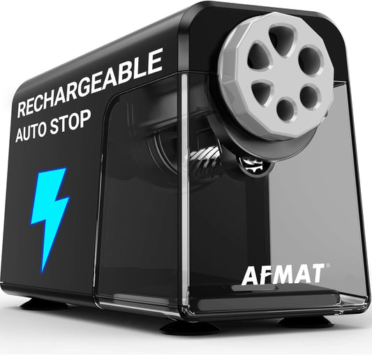 AFMAT PSD1 Super Durable Rechargeable 6-Hole Heavy Duty Electric Pencil Sharpener for 6-11mm Pencils, Upgraded Durable Blades 10,000+ Sharpenings,PSD1BK