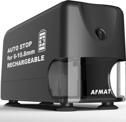 AFMAT Electric Pencil Sharpener, Heavy Duty Classroom Pencil Sharpeners for 6-10.8mm Pencils, Auto Stop & Rechargeable, 2s Fast Sharpening, Battery Powered, 10,000 Sharpenings, Model: PSD3 (Black)