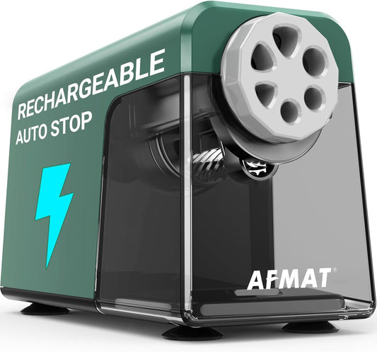 AFMAT PSD1 Super Durable Rechargeable 6-Hole Heavy Duty Electric Pencil Sharpener for 6-11mm Pencils, Upgraded Durable Blades 10,000+ Sharpenings,PSD1GN