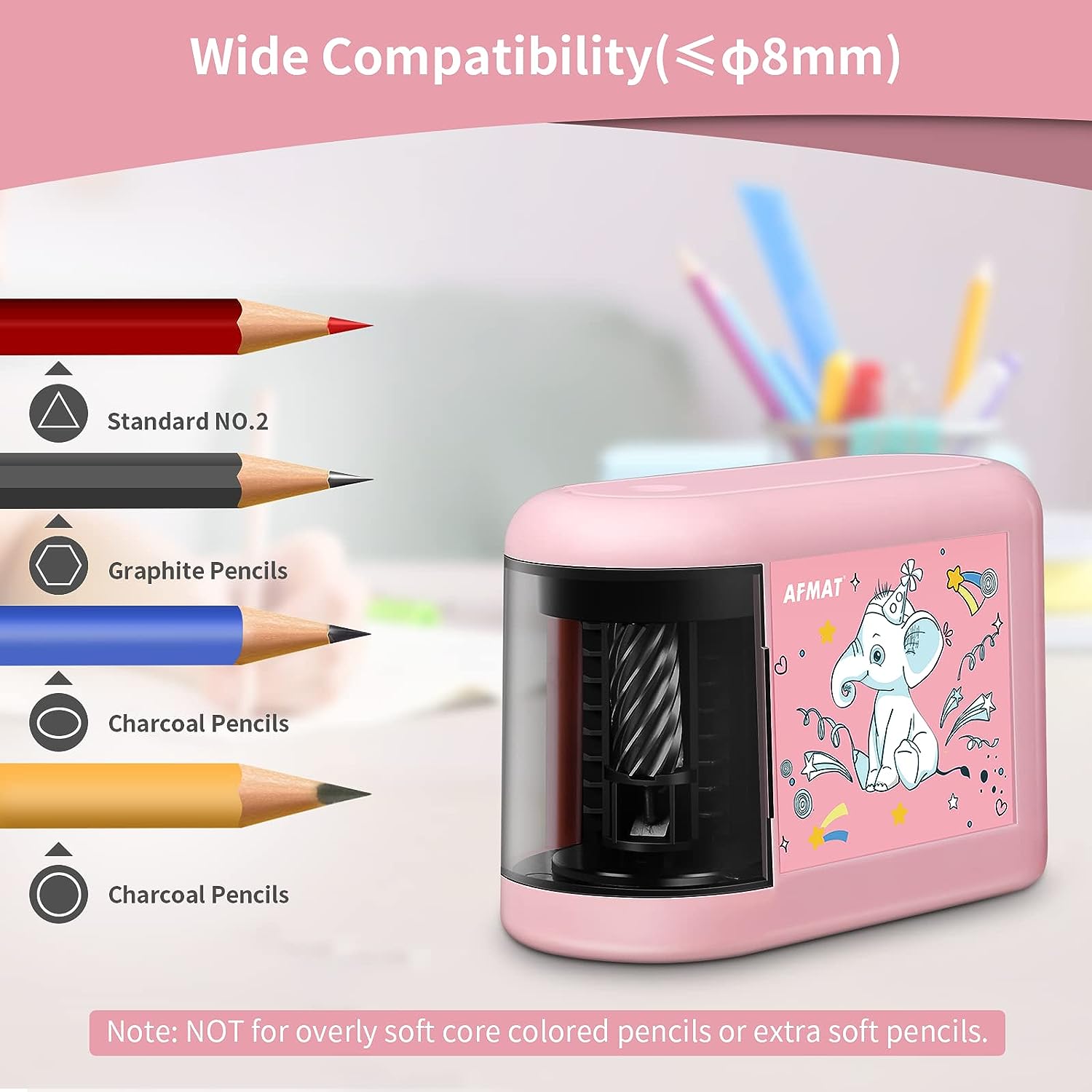 AFMAT Electric Pencil Sharpener for Kids, Cute Pink Pencil Sharpener (