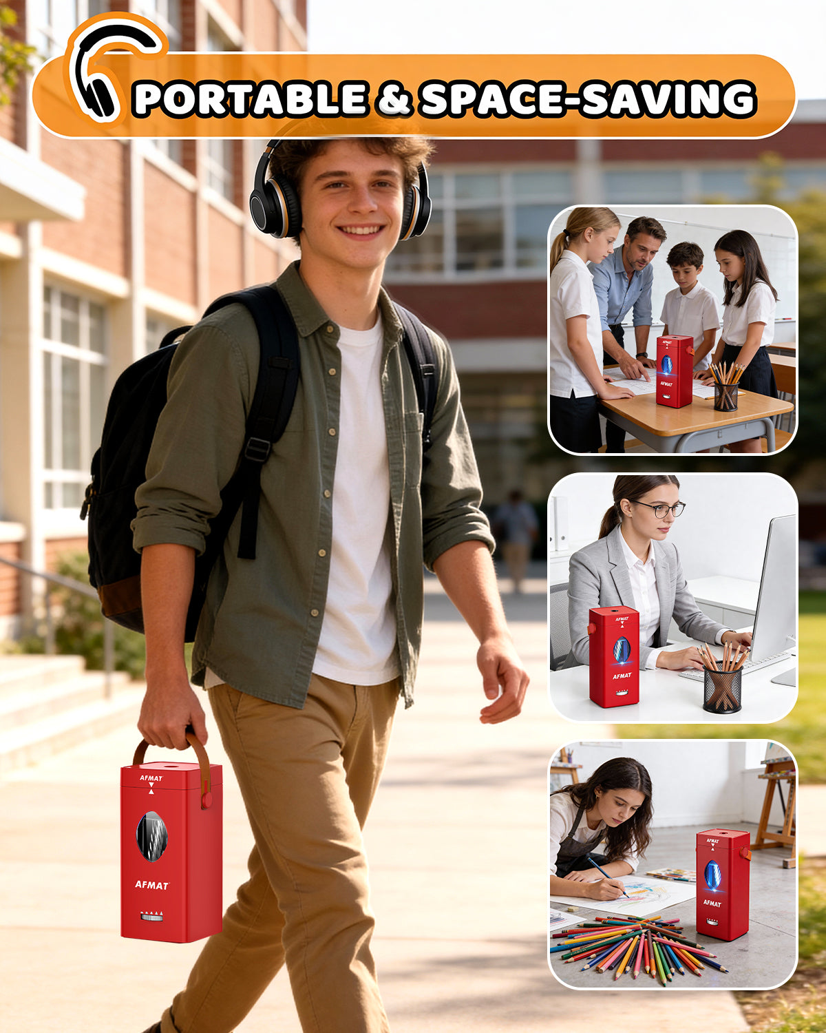 AFMAT PSC7 Electric Fully Automatic Pencil Sharpener,2X Longer Cutter Life,for 6-12mm No.2/Jumbo Pencils, Auto in & Out, 5 Sharpness Modes, Rechargeable Heavy Duty Sharpeners for Classroom Home Office PSC7BK