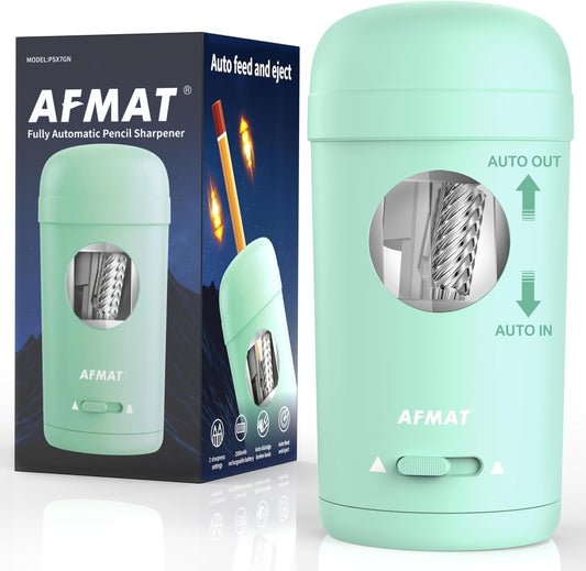 AFMAT PSX7 Electric Pencil Sharpener, Fully Automatic Pencil Sharpener for 7-8mm Pencils & Colored Pencils, Auto in & Out, Rechargeable Vertical Hands-Free Sharpeners for Classroom/Home/Office (Green)
