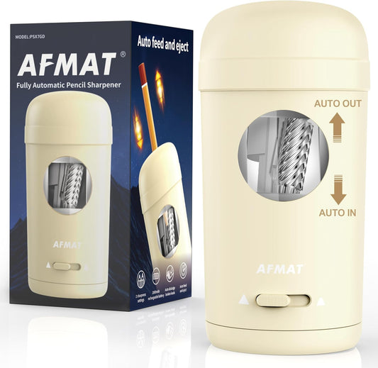 AFMAT PSX7 Electric Pencil Sharpener, Fully Automatic Pencil Sharpener for 7-8mm Pencils & Colored Pencils, Auto in & Out, Rechargeable Vertical Hands-Free Sharpeners for Classroom/Home/Office (Beige)