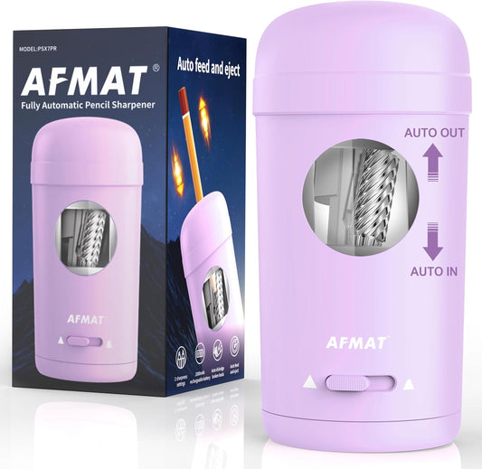 AFMAT PSX7 Electric Pencil Sharpener, Fully Automatic Pencil Sharpener for 7-8mm Pencils & Colored Pencils, Auto in & Out, Rechargeable Vertical Hands-Free Sharpeners for Classroom/Home/Office (Purple)