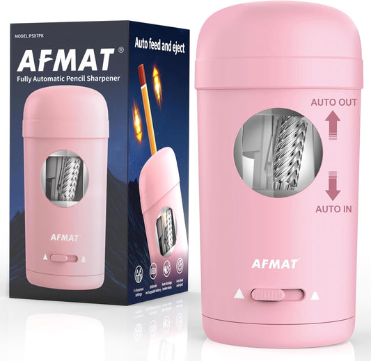 AFMAT PSX7 Electric Pencil Sharpener, Fully Automatic Pencil Sharpener for 7-8mm Pencils & Colored Pencils, Auto in & Out, Rechargeable Vertical Hands-Free Sharpeners for Classroom/Home/Office (Pink)
