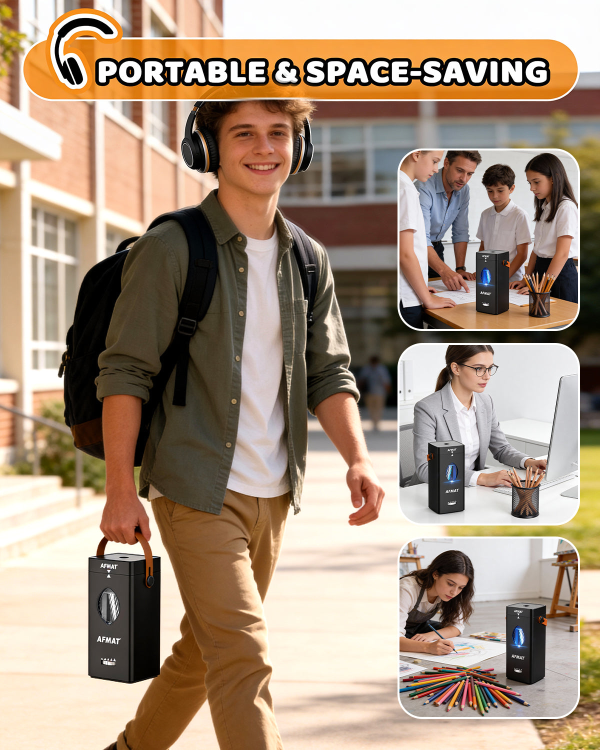 AFMAT PSC7 Electric Fully Automatic Pencil Sharpener,2X Longer Cutter Life,for 6-12mm No.2/Jumbo Pencils, Auto in & Out, 5 Sharpness Modes, Rechargeable Heavy Duty Sharpeners for Classroom Home Office PSC7BK