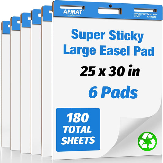 AFMAT Sticky Easel Pads, 25 in x 30 in Flip Chart Paper for Teachers, Ink Bleed-Through Resistant Easel Paper for Office/Classroom/Whiteboard/Wall/Windows, 30 Sheets/Pad, 6 Pads AFEP36BL