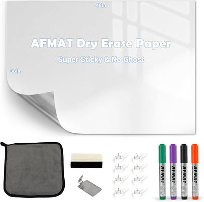 AFMAT White Board Dry Erase Paper, 48" x 36" Whiteboard Wallpaper, with 4 Markers, Stain-Proof & Super Sticky, No Ghost, 4' x 3' Peel and Stick Dry Erase Board Paper Roll for Wall/Home/Office,WS23B